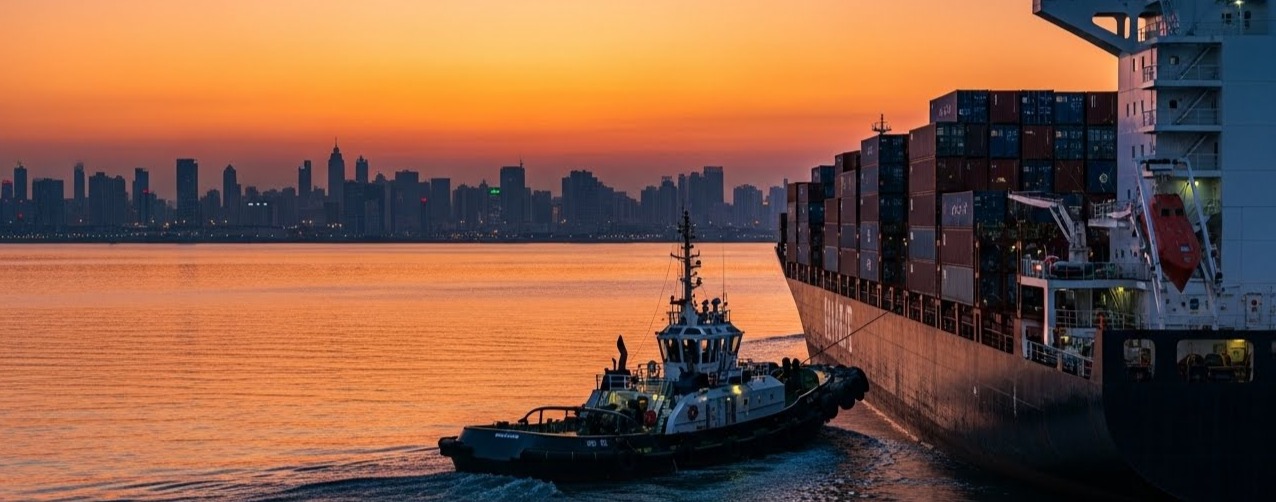 Port cranes and car carrier ship at dusk