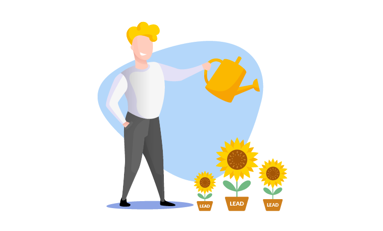Guy,representing a business owner, watering sunflowers, representing the leads Guy,representing a business owner, watering sunflowers, representing the leads
