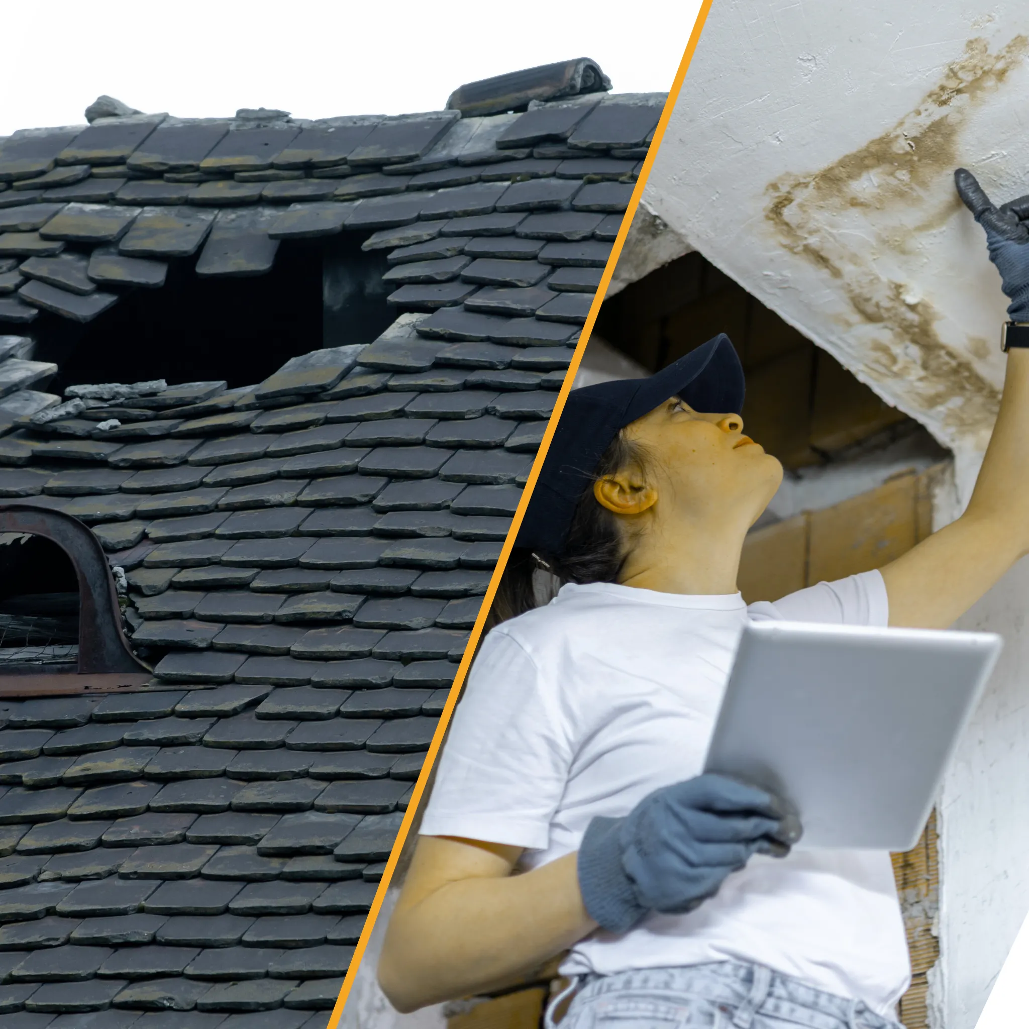 A professional roof inspector with a homeowner, discussing a claim.