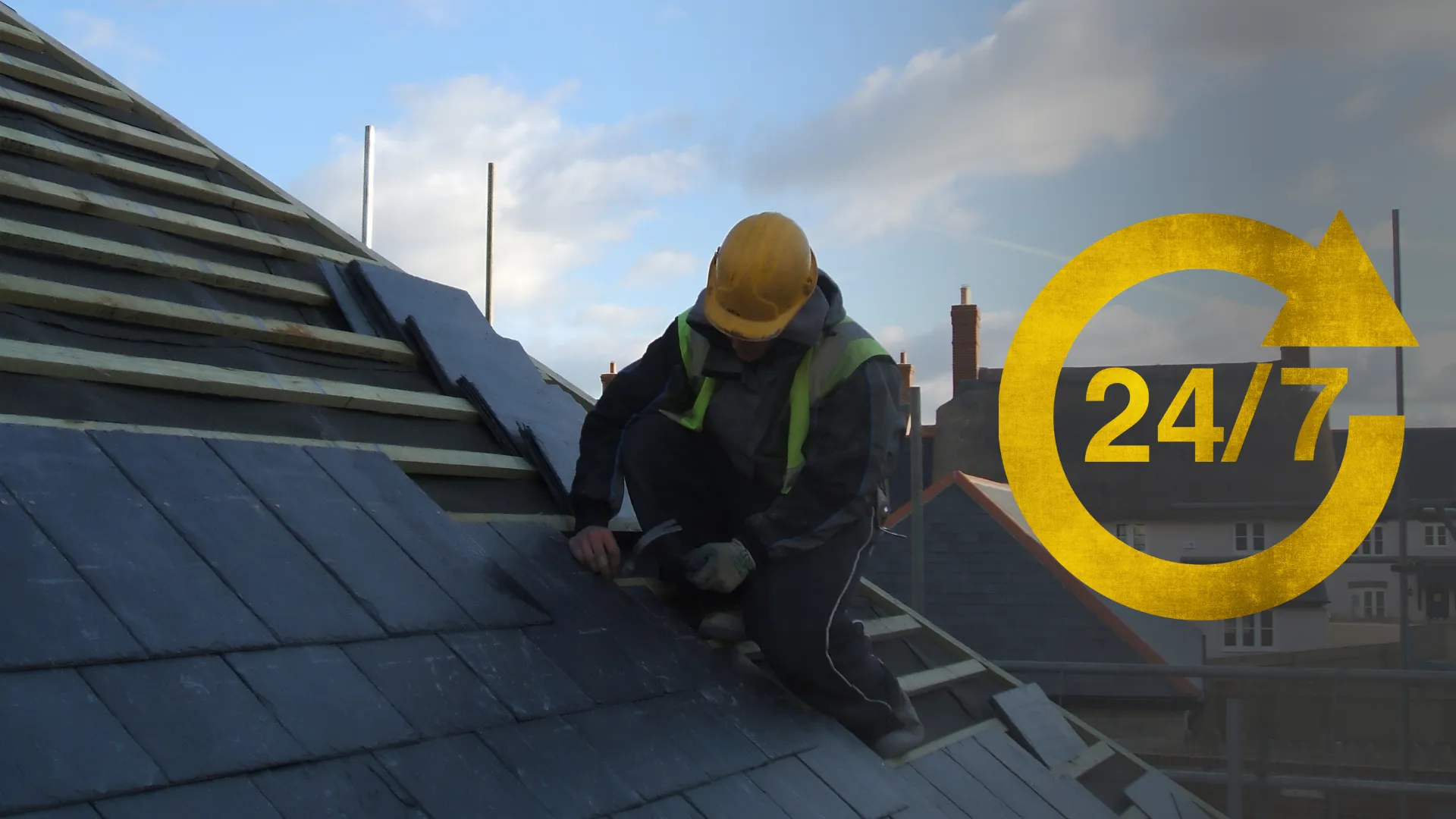 A commercial emergency roof repair in progress.