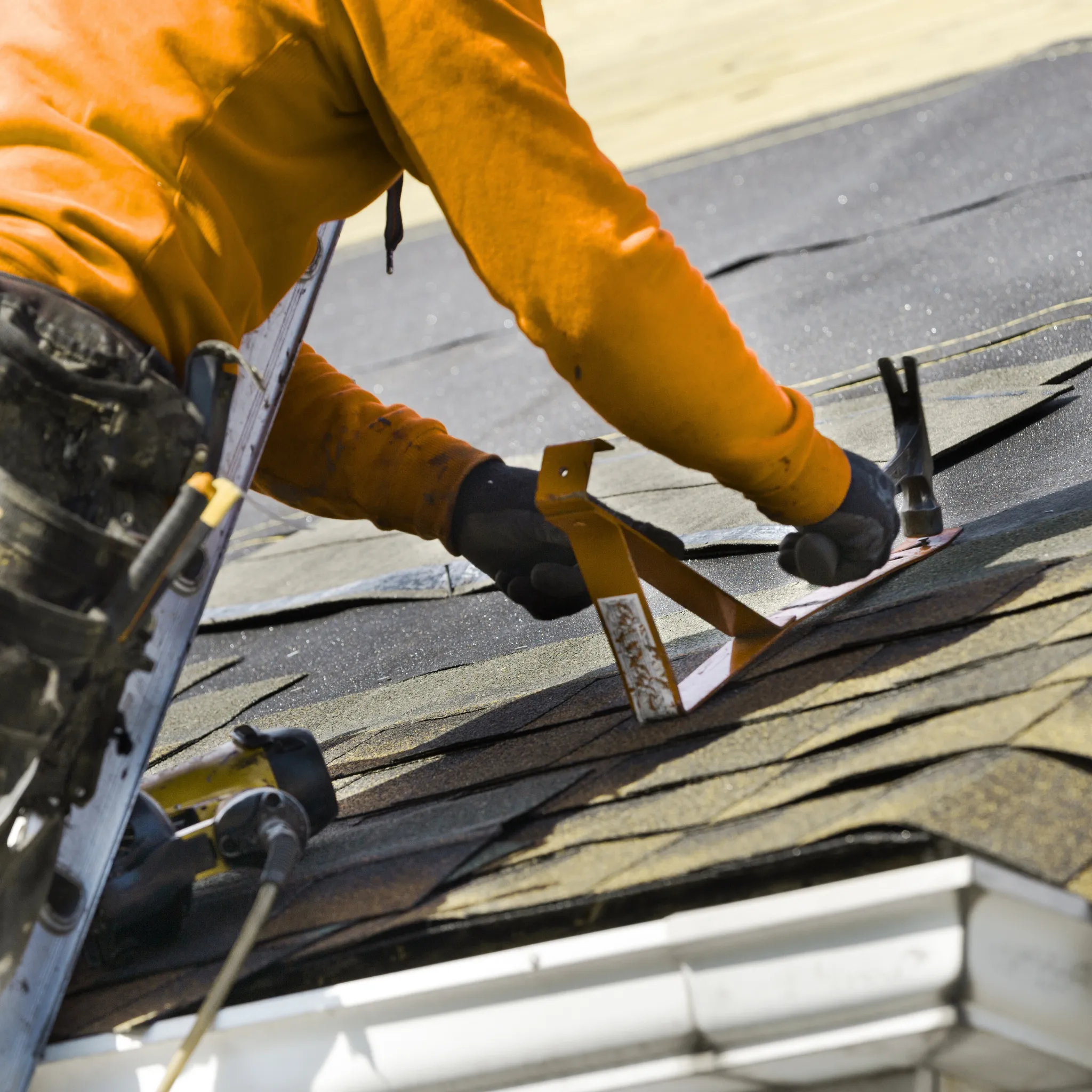 A professional roof repair team working on a residential roof.