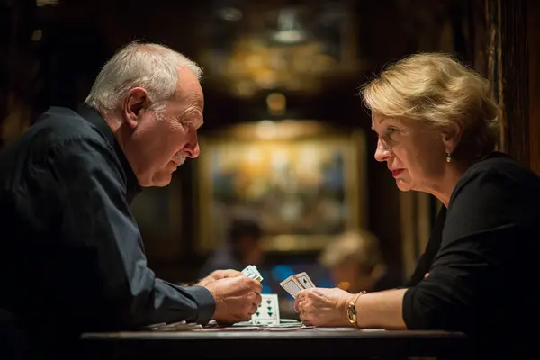 Bridge partners communicating effectively through subtle gestures and eye contact during competitive tournament play