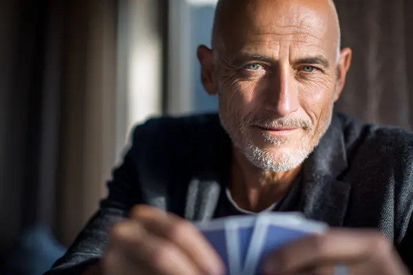 Bridge player maintaining calm composure and emotional control during high-stakes competitive play