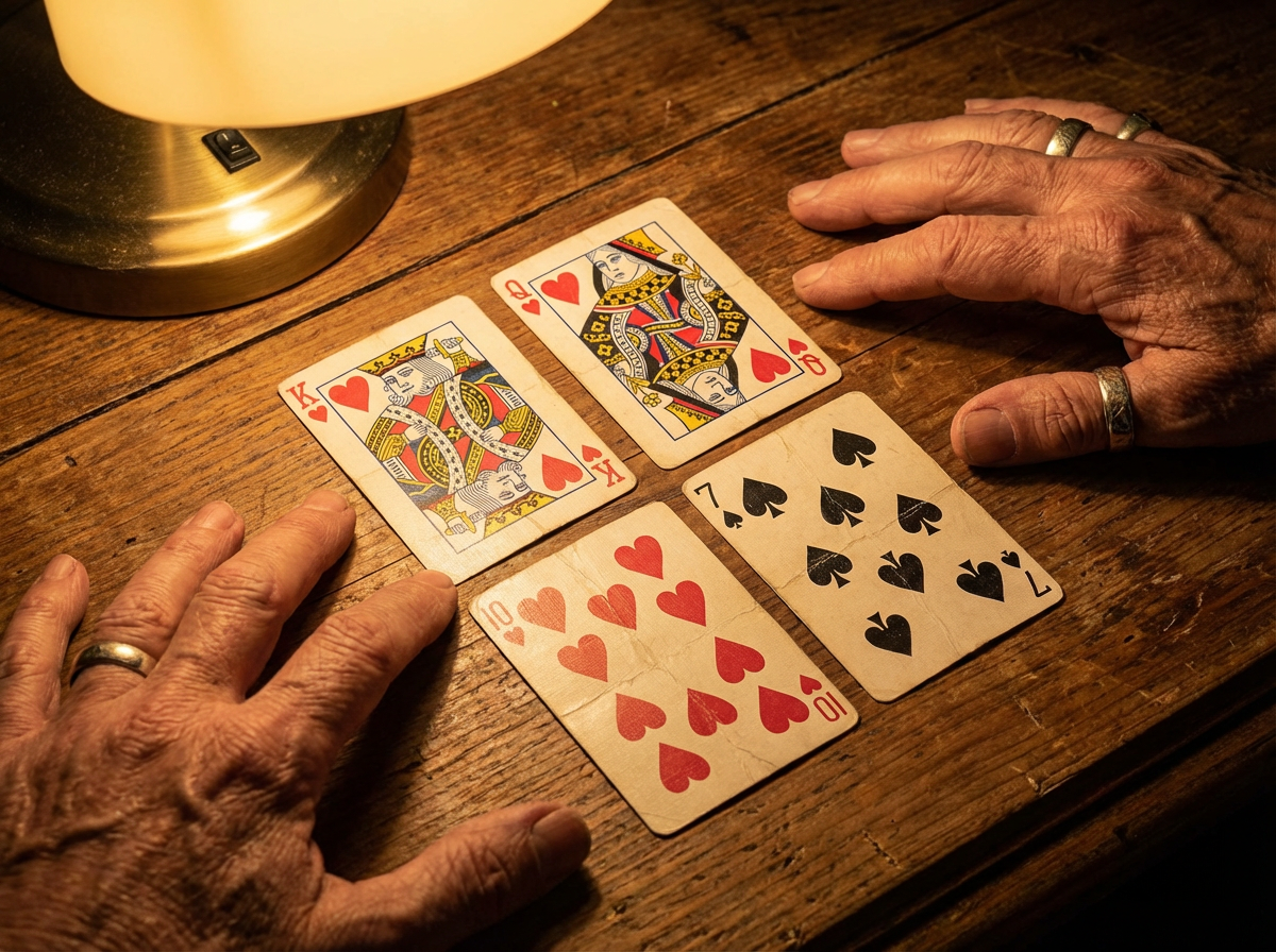 Close-up of trick-taking card game mechanics showing cards played to central trick