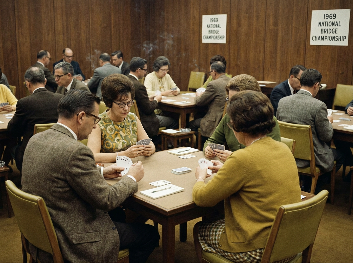 1969 bridge tournament scene showing era when Eric Rodwell discovered the game