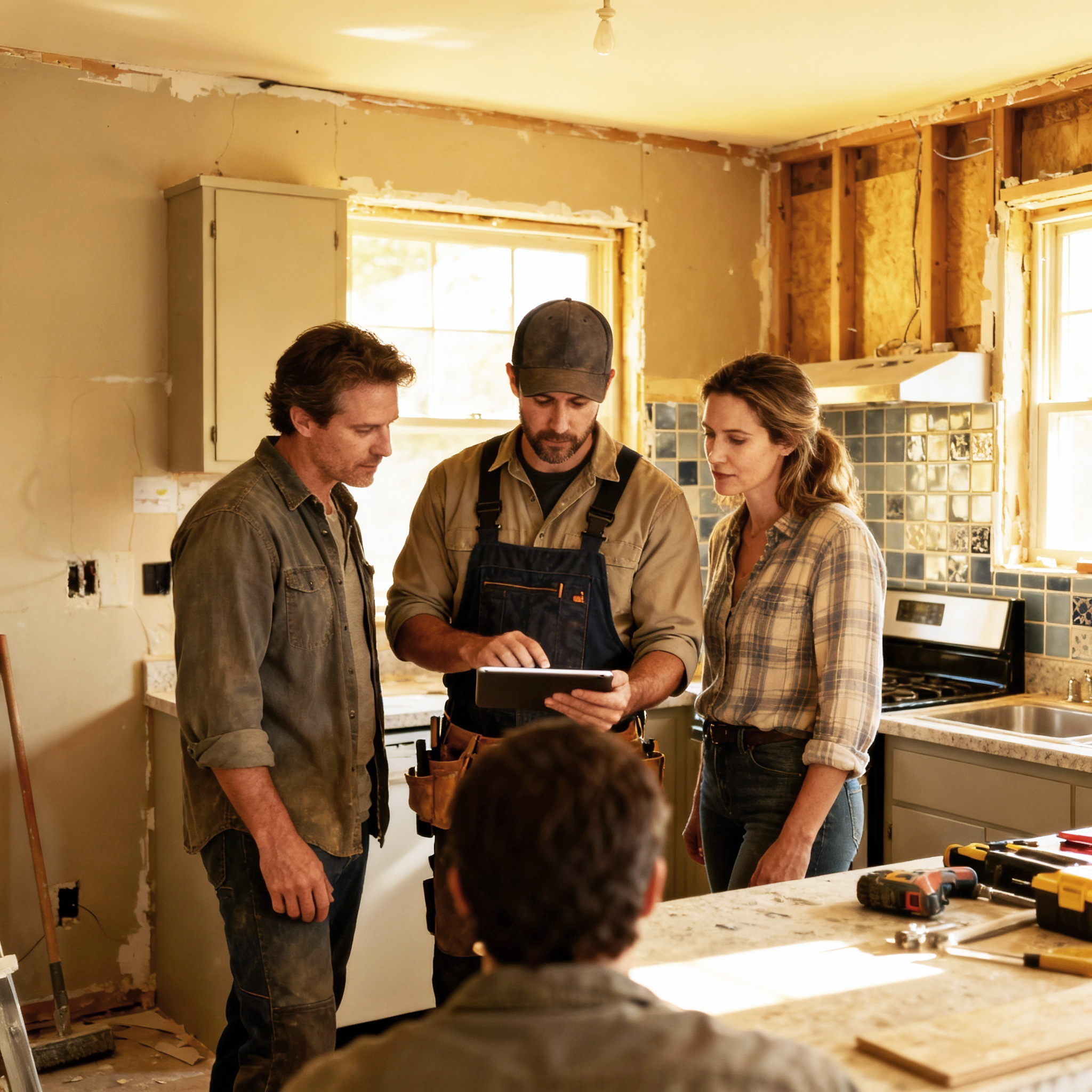 Professional contractors reviewing project documentation on tablet