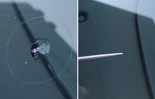 before and after photo of bullseye chip repair