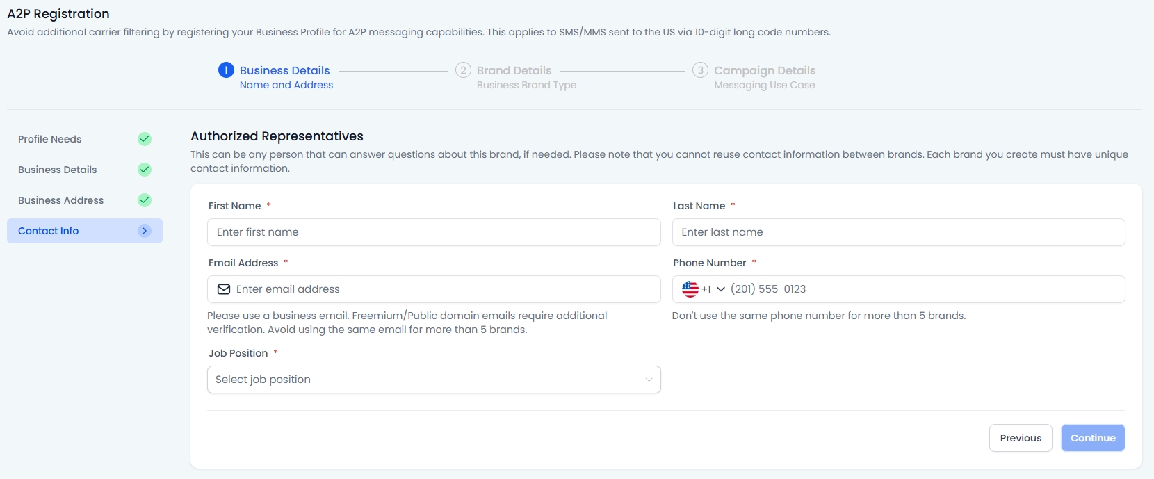 Contact Information when Registering for A2P 10DLC