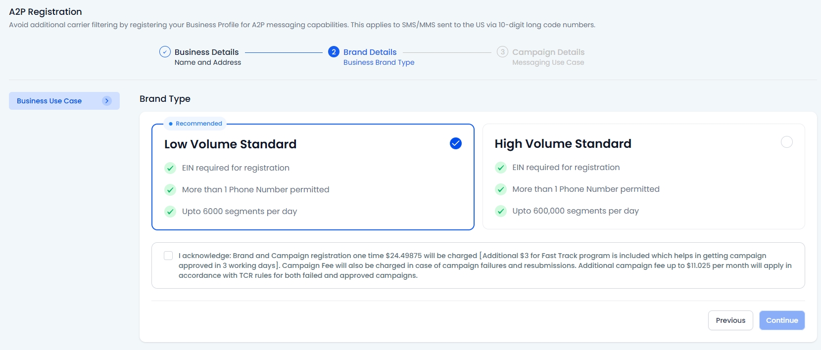 Brand Details type when registering for A2P 10DLC