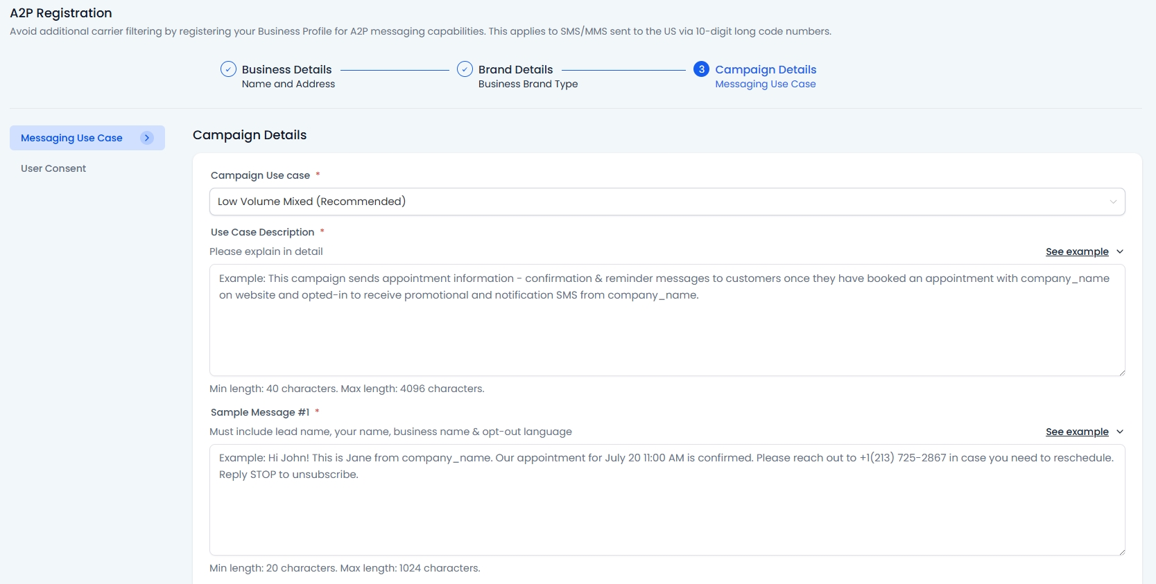 Campaign Details when registering for A2P 10DLC compliance