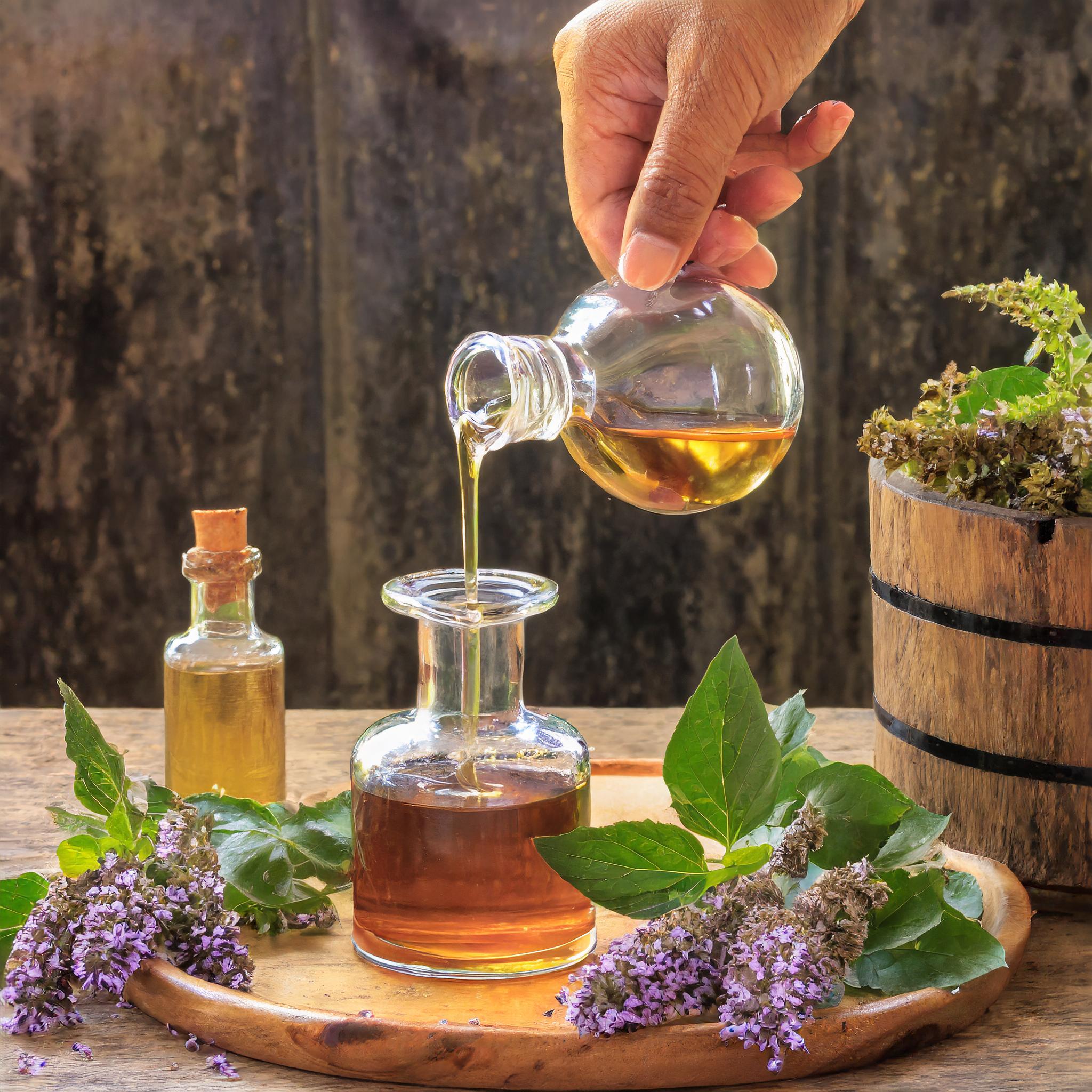 pouring essential oil from pitcher