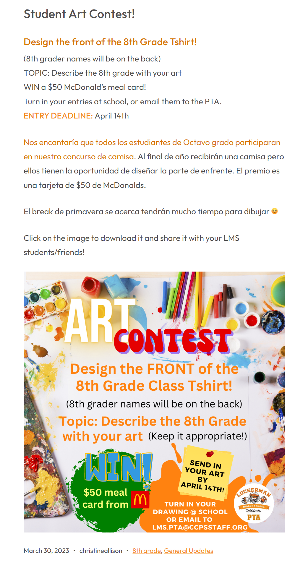 Spring 2023 LMS PTA 8th grade t-shirt art contest