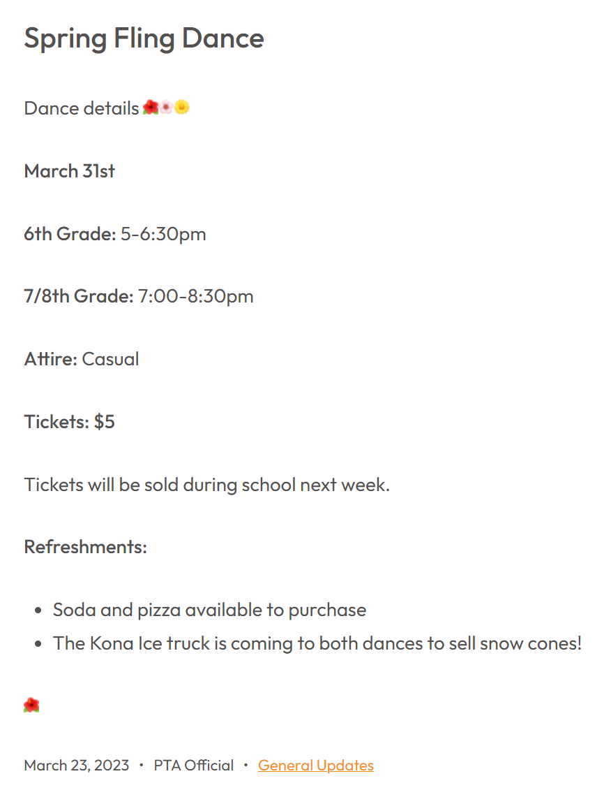 2023 Spring LMS PTA Spring Fling Formal info