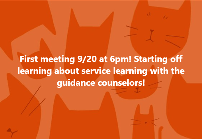 PTA meeting notice on orange cat background.