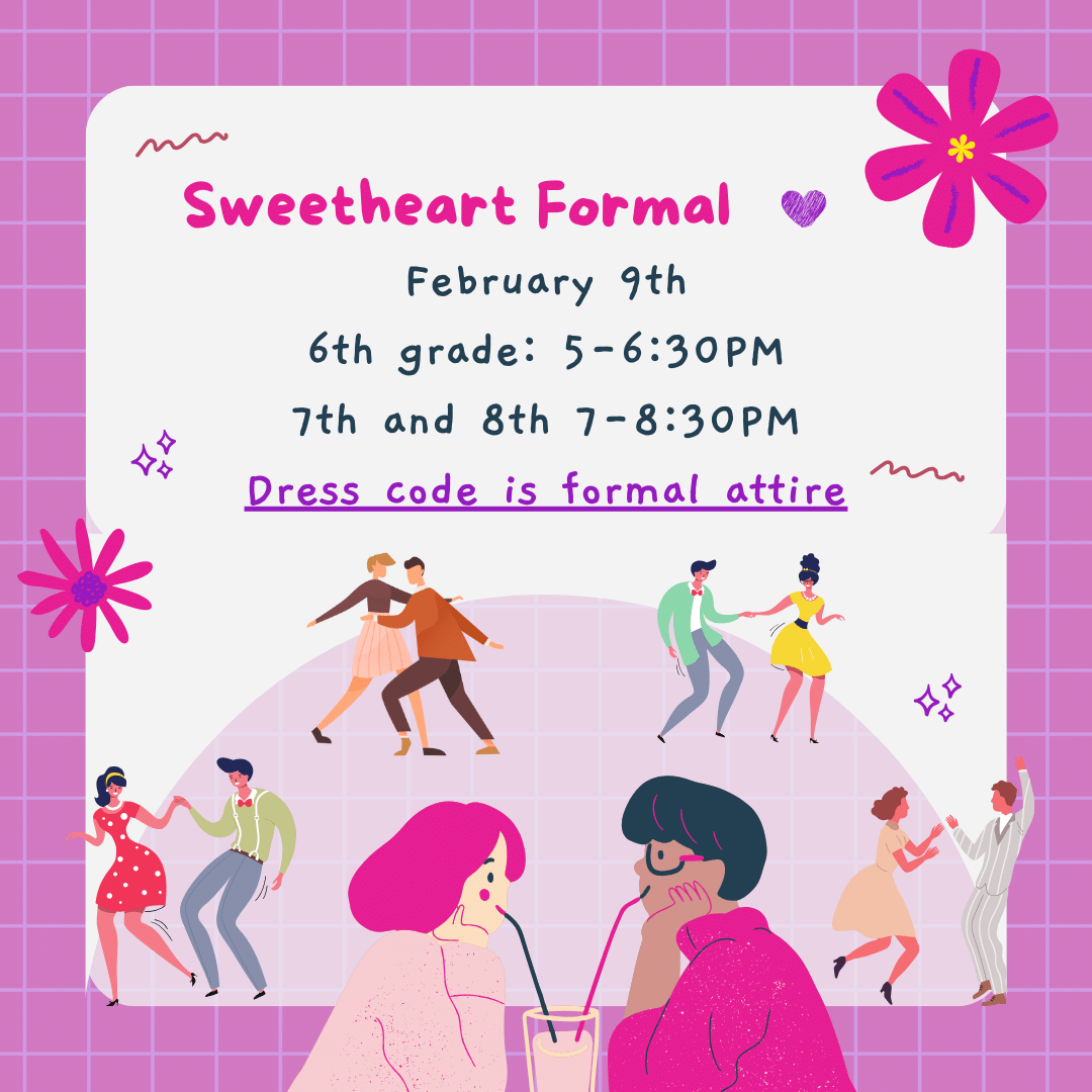 A pink and purple info image has dance info and clipart of young couples dancing and sharing a milkshake.