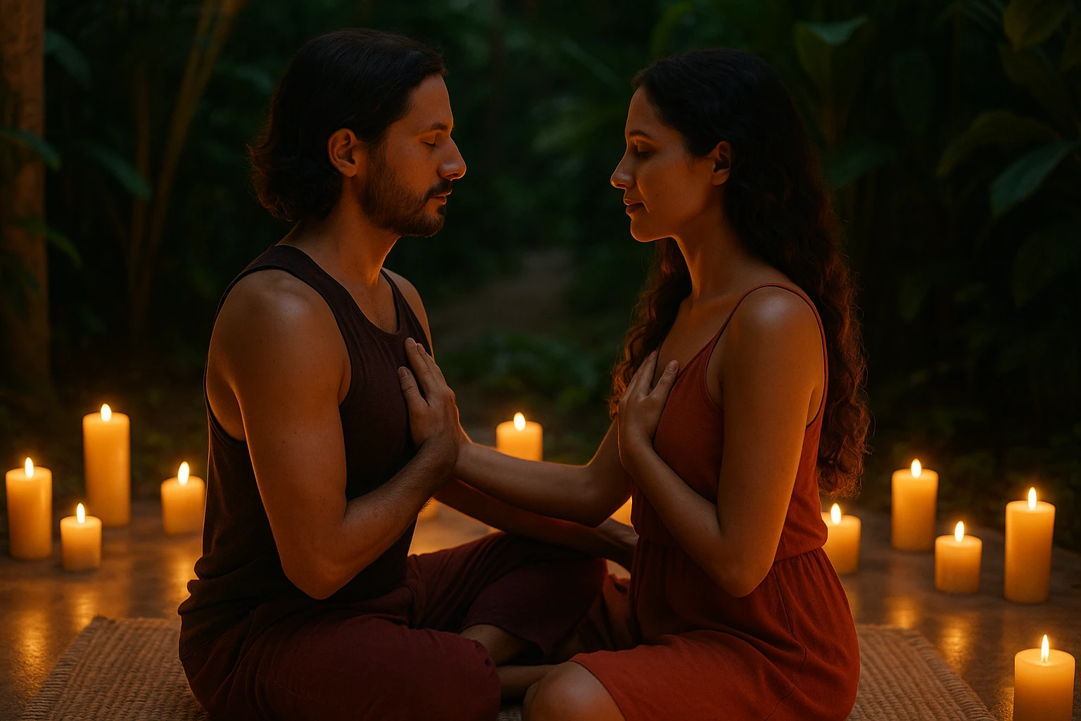 Couple eye gazing with hands on each other’s heart during a sacred Tantra retreat, surrounded by glowing candles in a lush outdoor setting.