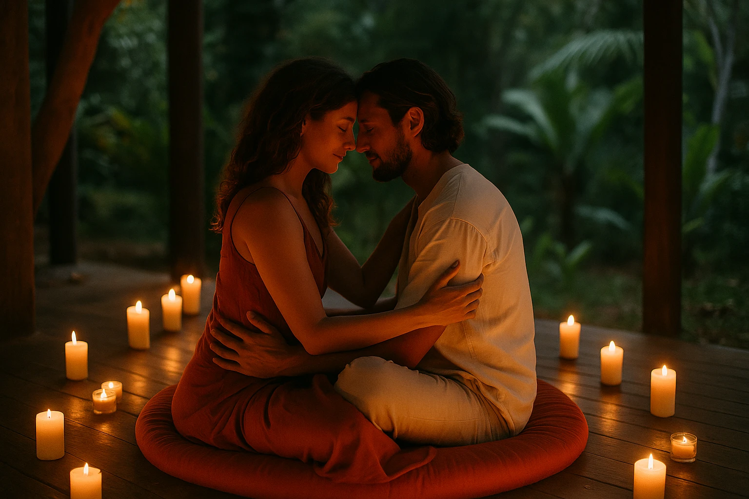 Couple seated closely on a cushion in a candlelit pavilion during a Tantra retreat, sharing an intimate and heart-centered moment surrounded by nature