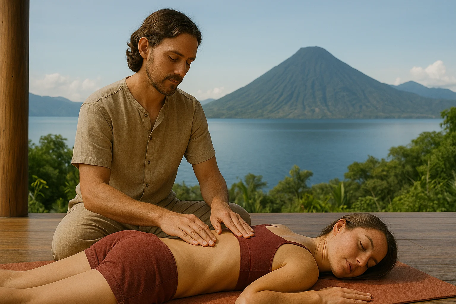Man giving a sacred back massage to a woman on a wooden platform overlooking a peaceful lake and volcano, capturing the essence of a Tantra retreat at Lake Atitlán.