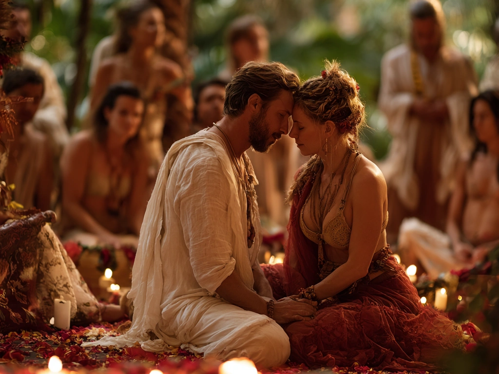 Couple in a sacred tantra ritual retreat, surrounded by candles, rose petals, and a conscious community. Embodied connection, intimacy, and presence in a heart-centered ceremony set in a lush, tropical setting.