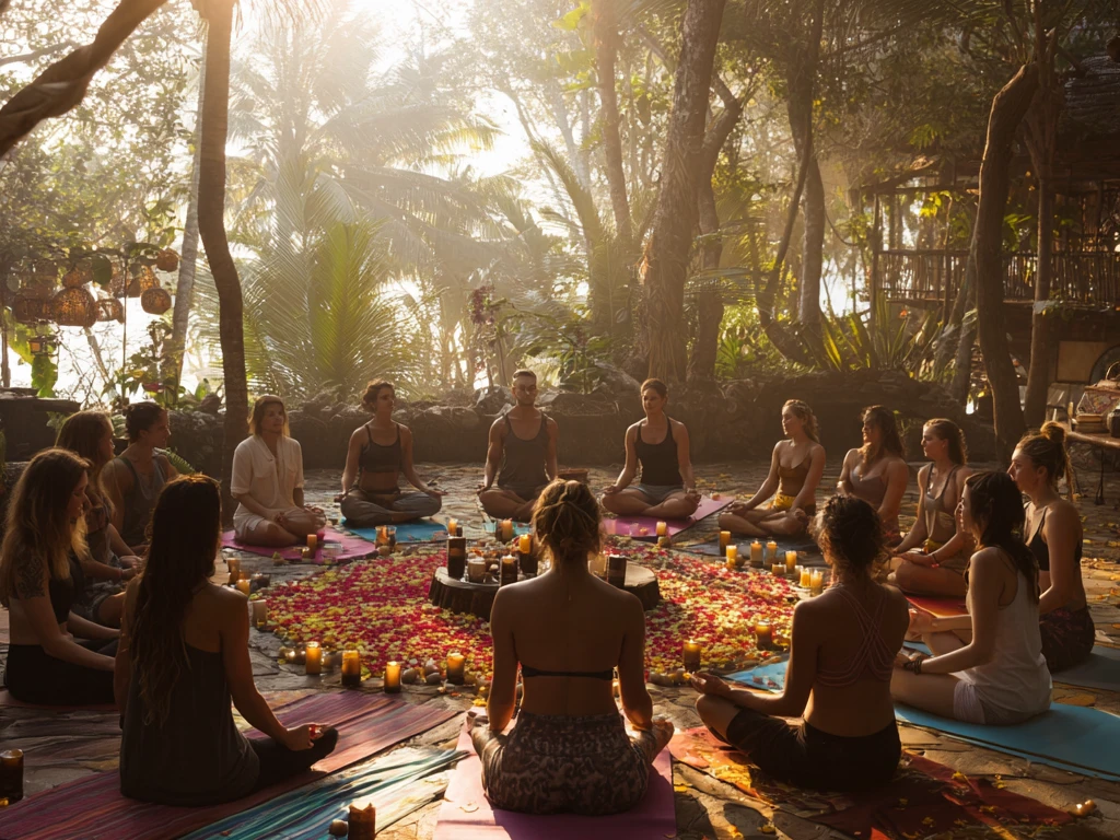 Group of diverse participants in a heart-centered yoga circle at a Tantra retreat, surrounded by flower petals, candles, and lush jungle trees during golden sunrise light