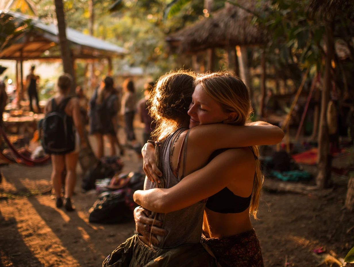Two women share an emotional embrace at the end of a Tantra retreat, surrounded by fellow participants, packed bags, and rustic huts in a warm, golden-lit jungle setting.