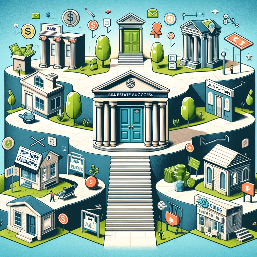 An image for a blog titled "Unlock the Door to Real Estate Success: 5 Top Funding Strategies," showcasing a variety of financing options in real estate. The visual composition includes symbols for traditional financing, such as a bank building and a mortgage document, icons representing private money lenders, joint ventures, and home equity loans, An image for a blog titled "Unlock the Door to Real Estate Success: 5 Top Funding Strategies," showcasing a variety of financing options in real estate. The visual composition includes symbols for traditional financing, such as a bank building and a mortgage document, icons representing private money lenders, joint ventures, and home equity loans,