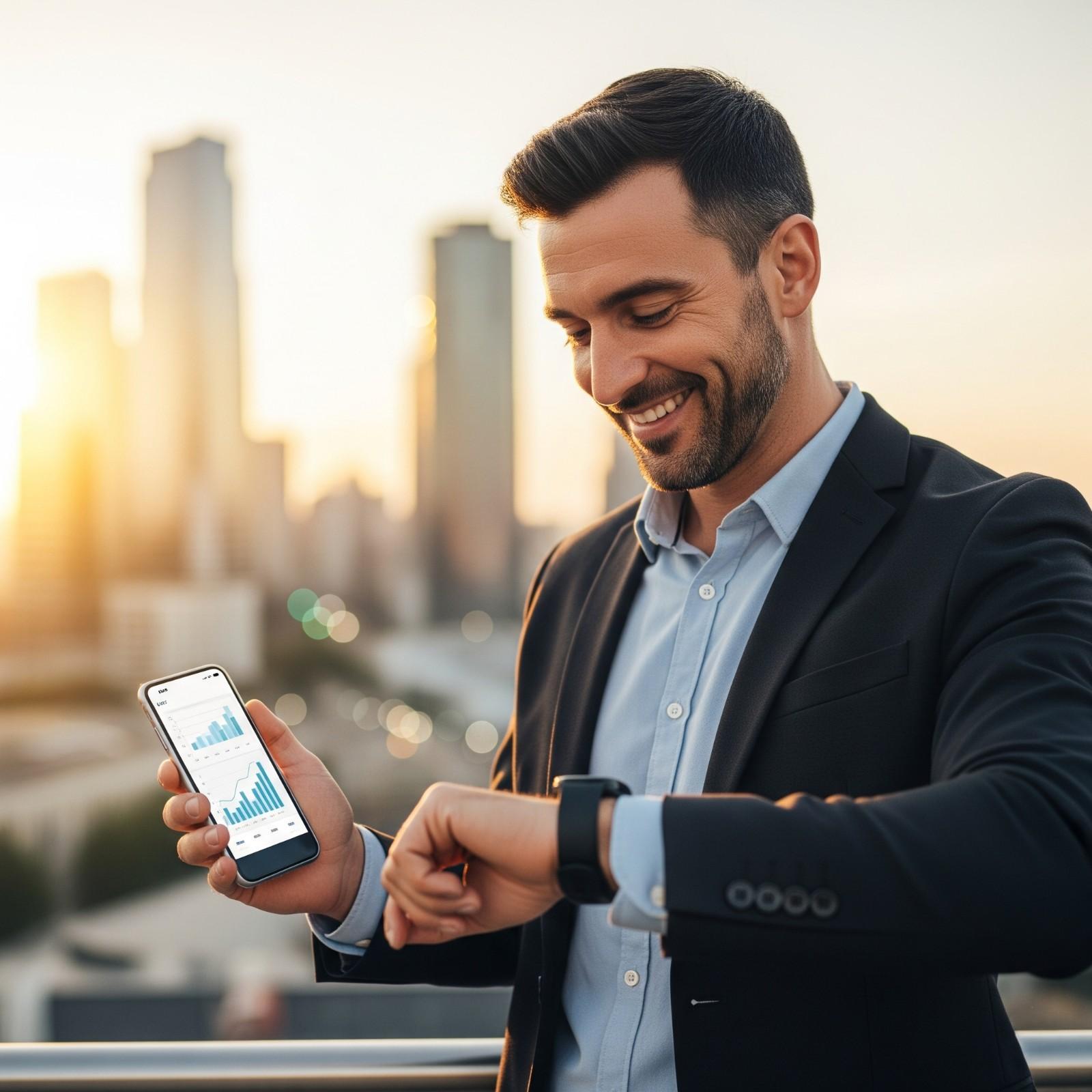 Business man checking timepiece holding a mobile phone displaying analytics