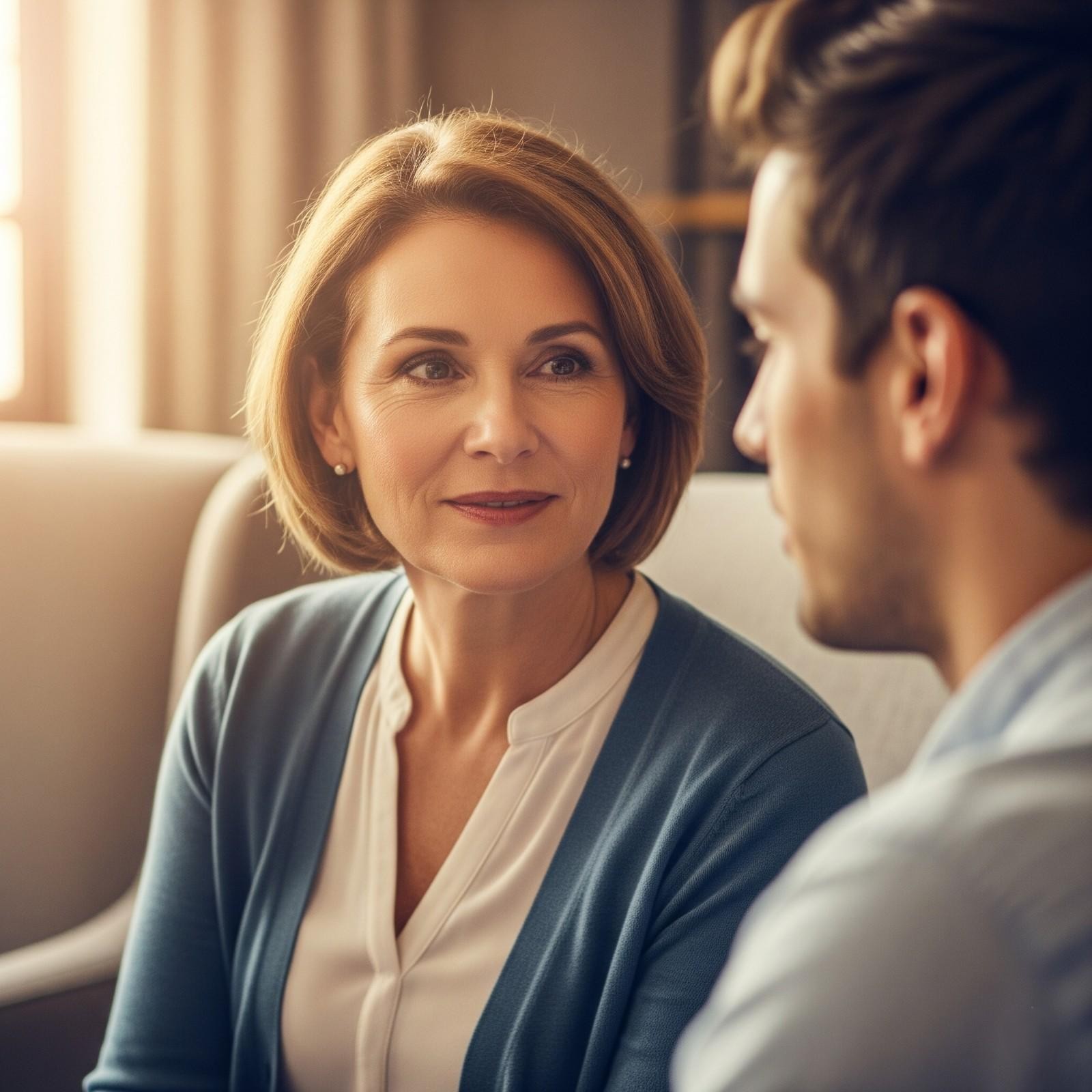 A compassionate female Christian coach actively listens and provides guidance to a male client in a warm, inviting indoor setting, reflecting faith-centered support.