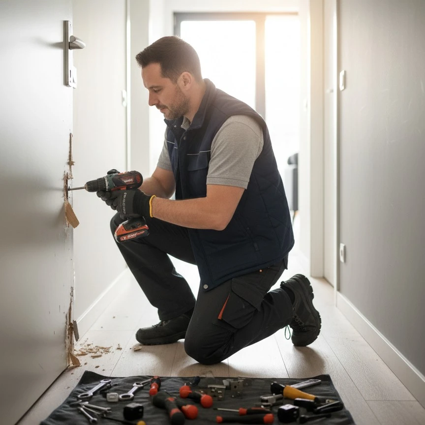 Serrurier sécurisant une porte après cambriolage à Tours