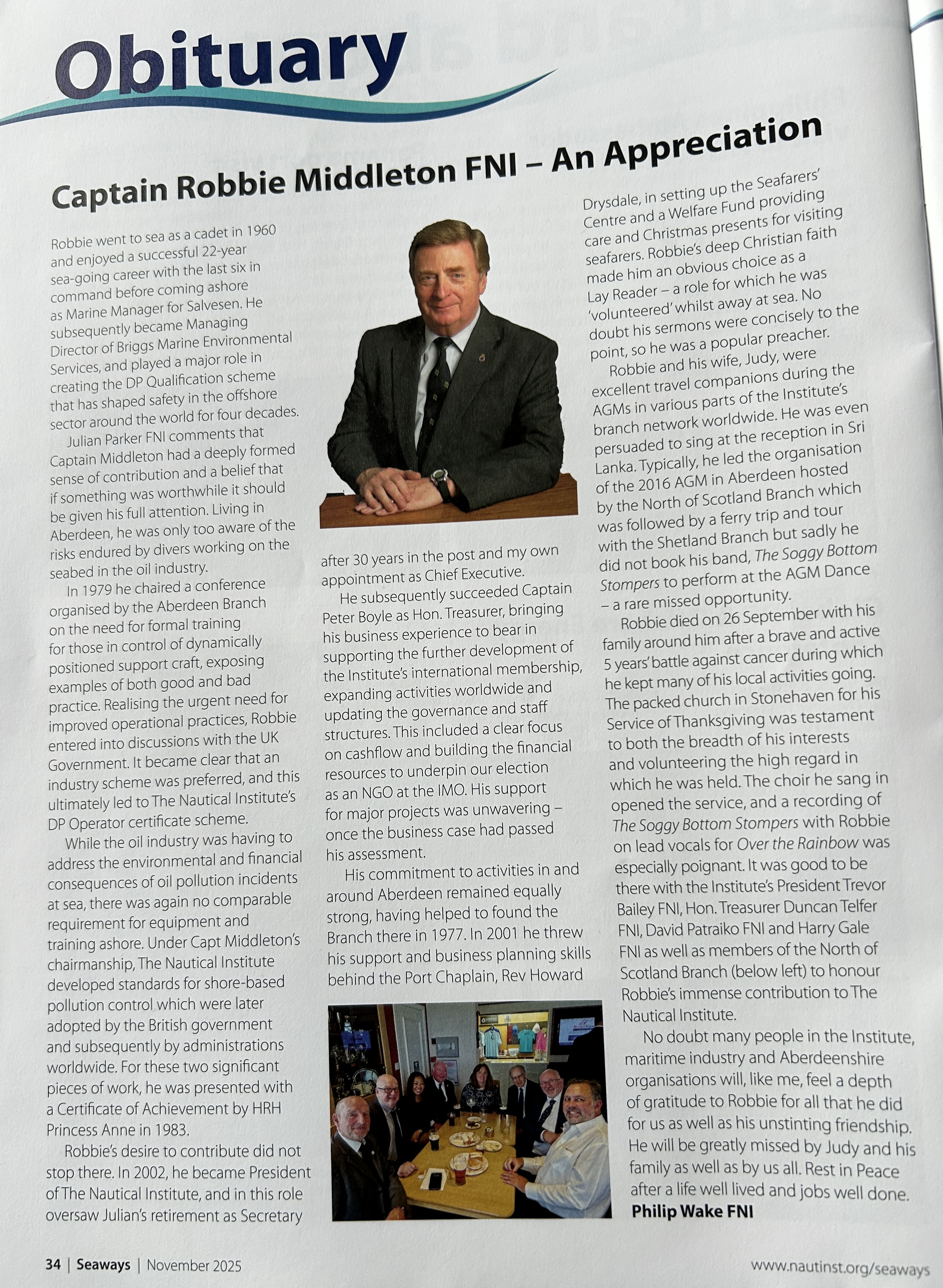 Seaways Nautical Institute Obituary Robbie Middleton SeaShed