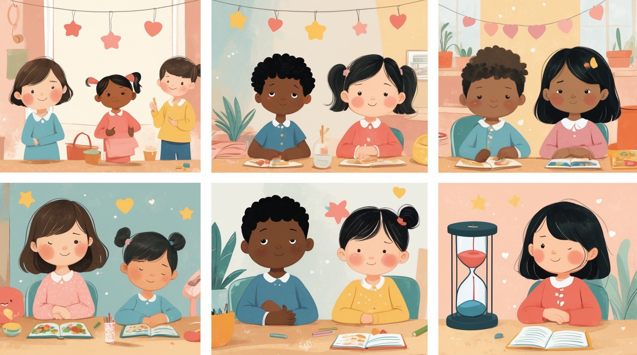 An illustrated scene showing young children (ages 3–7) practicing respectful waiting in different situations across a soft split panel or collage-style layout. One panel shows a child waiting in line calmly at snack time, another shows a child raising their hand during circle time, and a third shows a child patiently watching a sand timer. The children are diverse in appearance (varied ethnicities and abilities), with gentle, calm expressions. The background features soft classroom or home environments with warm lighting, cozy textures, and pastel colors. Include playful visual cues like stars, hearts, or clocks to symbolize patience and growth. The mood is nurturing, kind, and optimistic.
