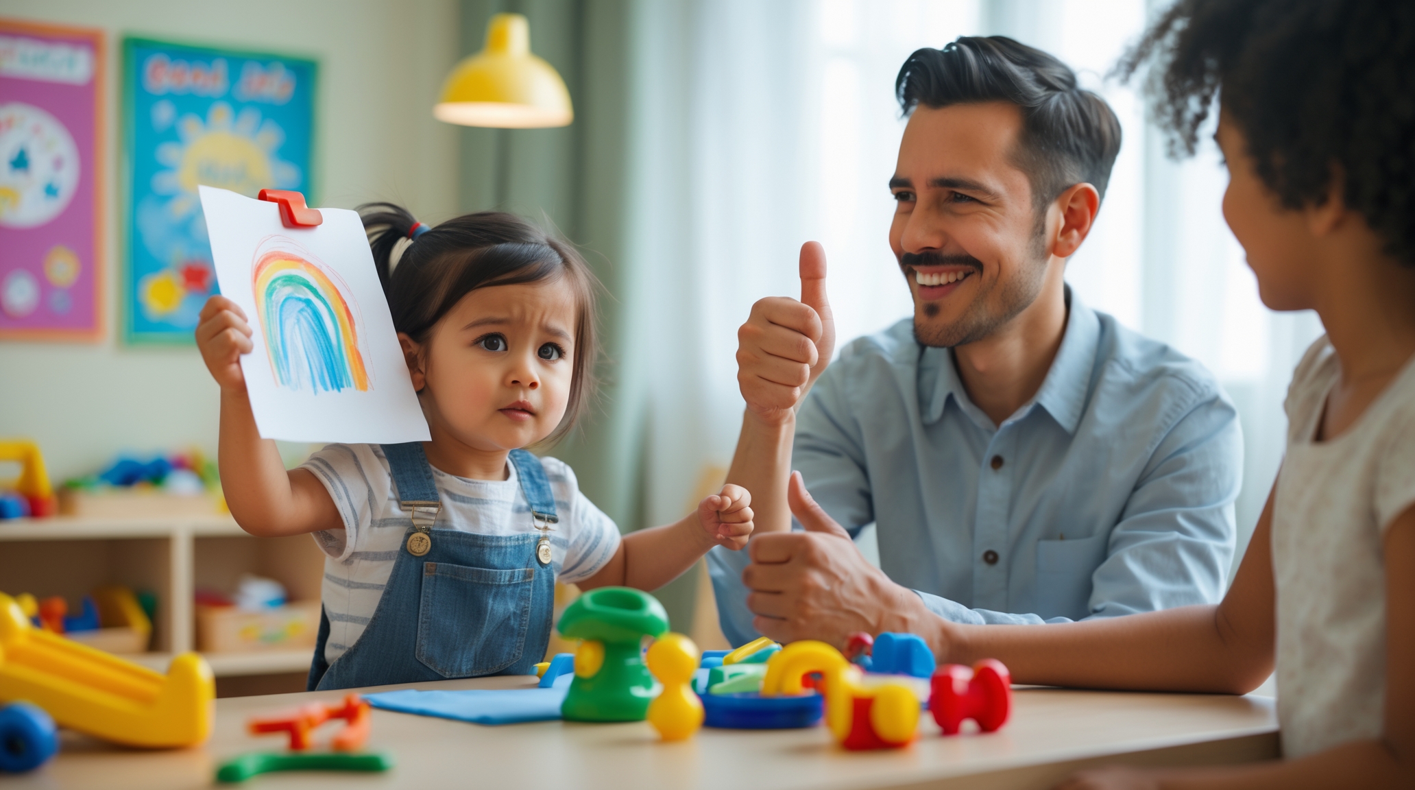 A realistic daycare or home environment where a young child is holding up a drawing, tidying up toys, or sharing with a friend. A well-meaning adult stands nearby, smiling and casually saying “Good job!” with a thumbs-up gesture. However, the child looks uncertain or only mildly pleased, suggesting a disconnect between the praise and the child’s internal experience. The setting includes educational posters, soft lighting, and age-appropriate toys. The scene should subtly communicate how routine praise might miss deeper emotional or developmental moments.