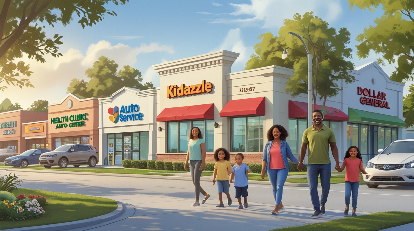 A warm, realistic suburban scene in Hampton, GA, showing a family-friendly neighborhood with a childcare center labeled 'Kidazzle' at the center. Surrounding the center are local businesses such as a health clinic, auto service center, grocery store, and Dollar General, all within walking or short driving distance. A few diverse parents with children are seen smiling and walking on clean sidewalks—some heading to the childcare center, others toward the nearby shops. Cars are parked outside businesses, trees line the street, and the sky is bright with soft daylight. The mood reflects convenience, connection, and the ease of getting things done without leaving the area. A warm, realistic suburban scene in Hampton, GA, showing a family-friendly neighborhood with a childcare center labeled 'Kidazzle' at the center. Surrounding the center are local businesses such as a health clinic, auto service center, grocery store, and Dollar General, all within walking or short driving distance. A few diverse parents with children are seen smiling and walking on clean sidewalks—some heading to the childcare center, others toward the nearby shops. Cars are parked outside businesses, trees line the street, and the sky is bright with soft daylight. The mood reflects convenience, connection, and the ease of getting things done without leaving the area.