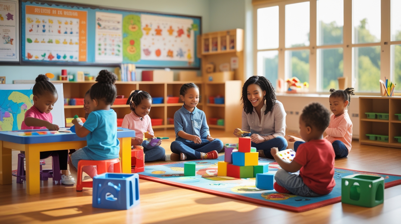 A bright, realistic photograph of a cheerful childcare classroom with diverse preschool-aged children engaged in learning activities—some painting at an art table, others building with colorful blocks, and a small group sitting on a reading rug listening to a smiling teacher. The room is decorated with educational posters, cubbies, and natural light streaming through large windows. Warm colors, clean and organized space, and a welcoming atmosphere — high-resolution, professional lighting, realistic photo style.