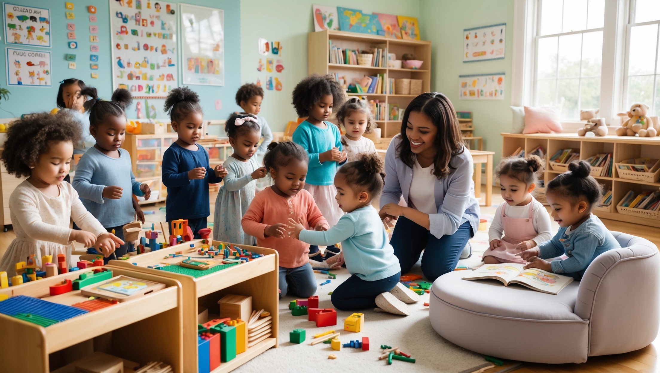 A vibrant, sunlit classroom bustling with energy, featuring children of diverse backgrounds engaging in creative playstations filled with colorful blocks, art supplies, and musical instruments. Caring educators, smiling warmly, kneel beside the children, guiding and encouraging exploration and learning. The room, painted in soft pastel hues, is adorned with educational posters and children's artwork, creating a welcoming atmosphere. A plush reading corner with cozy cushions and shelves filled with picture books invites a moment of quiet reflection. Natural light streams through large windows, casting a warm glow, while the scent of fresh paint and wooden toys enhances the sense of safety and nurturing, embodying the essence of a high-quality childcare program. A vibrant, sunlit classroom bustling with energy, featuring children of diverse backgrounds engaging in creative playstations filled with colorful blocks, art supplies, and musical instruments. Caring educators, smiling warmly, kneel beside the children, guiding and encouraging exploration and learning. The room, painted in soft pastel hues, is adorned with educational posters and children's artwork, creating a welcoming atmosphere. A plush reading corner with cozy cushions and shelves filled with picture books invites a moment of quiet reflection. Natural light streams through large windows, casting a warm glow, while the scent of fresh paint and wooden toys enhances the sense of safety and nurturing, embodying the essence of a high-quality childcare program.