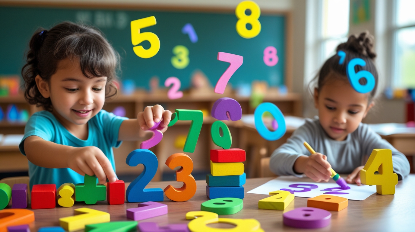 A playful early-learning scene with children actively engaging with numbers. A child is arranging colorful wooden blocks shaped like numbers (1, 2, 3, 4…) on a table, while another child is tracing numbers with paint or chalk. Floating numbers appear in the air in bright colors, as if alive with energy, symbolizing learning in motion. The atmosphere is vibrant, fun, and educational—showing numbers not as abstract symbols, but as things kids can touch, count, and play with. Realistic style with vivid colors and natural classroom lighting.