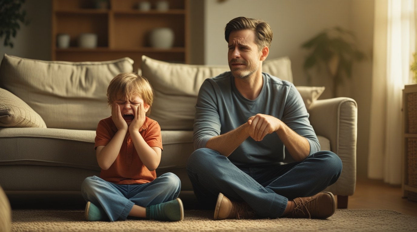 parent in their 30s sitting calmly on a living room couch while their 6-year-old child sits on the floor nearby, visibly upset—crying, stomping, or hugging knees. parent in their 30s sitting calmly on a living room couch while their 6-year-old child sits on the floor nearby, visibly upset—crying, stomping, or hugging knees.