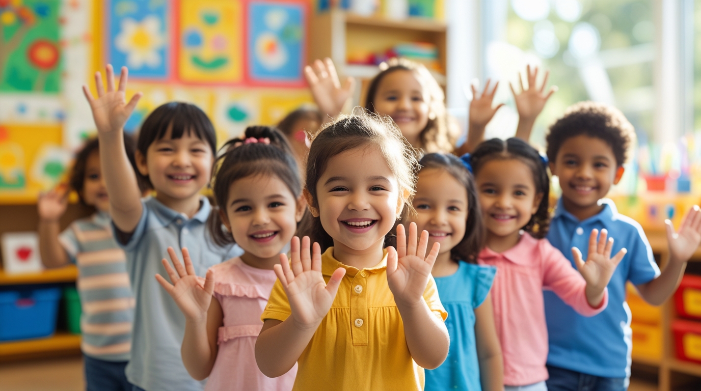 group of young children (ages 3–5) standing together in a bright, colorful daycare classroom. group of young children (ages 3–5) standing together in a bright, colorful daycare classroom.