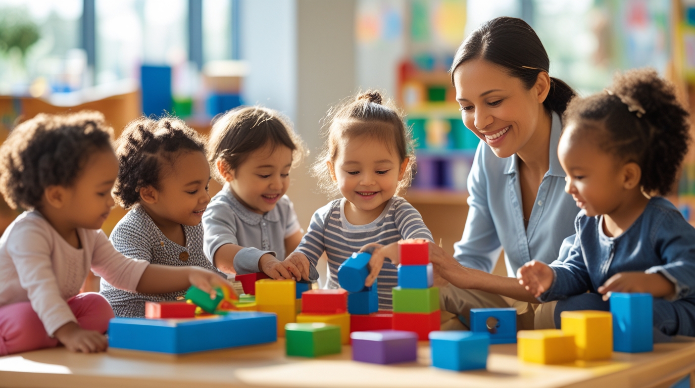 group of happy young children (ages 2–5) playing together with blocks and books, while a caring teacher smiles and guides them. group of happy young children (ages 2–5) playing together with blocks and books, while a caring teacher smiles and guides them.