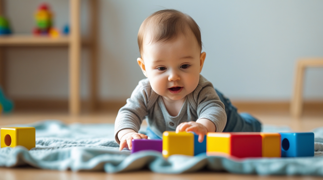 baby around 8–12 months old playing on the floor with toys