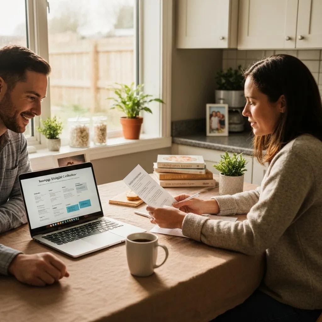 husband and wife at table looking at computer