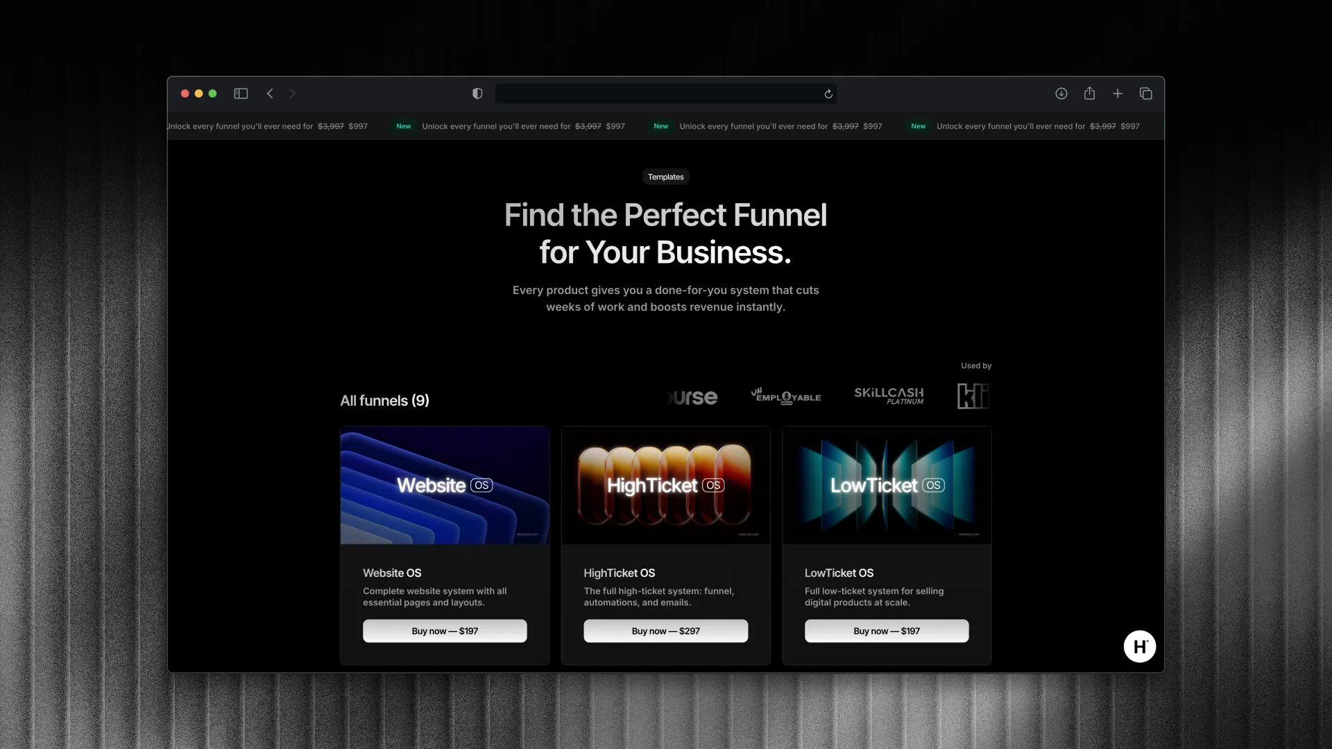 GoHighLevel funnel templates by Havstock including HighTicket OS, LowTicket OS, Webinar OS, and LeadMagnet OS