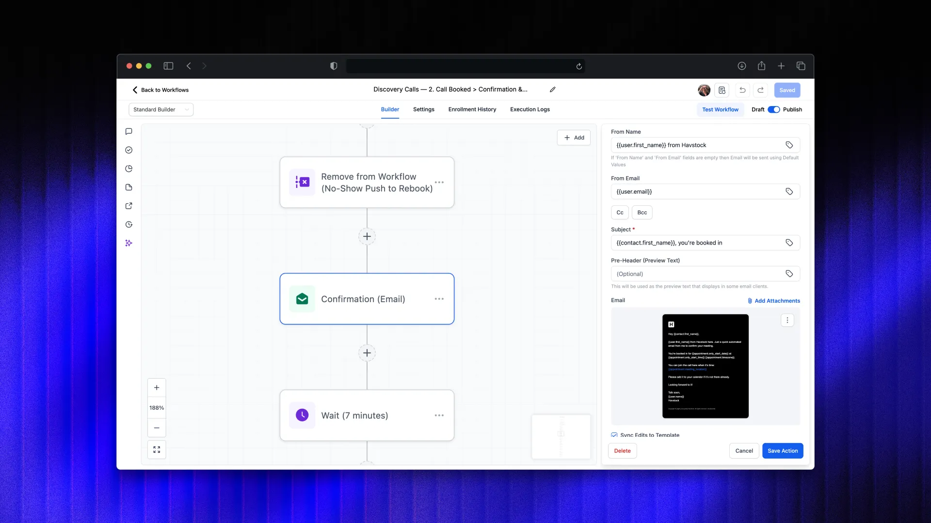 GoHighLevel multi-channel automation workflow showing email, SMS, and voicemail triggers