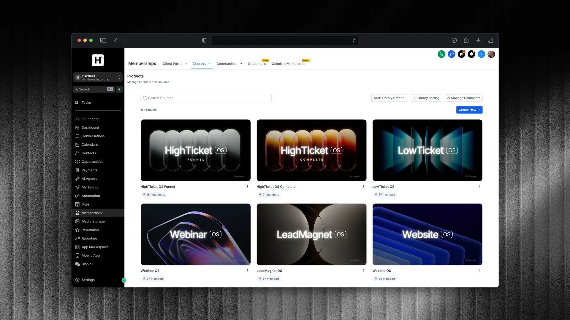GoHighLevel course builder showing modules, lessons, quizzes, and community features