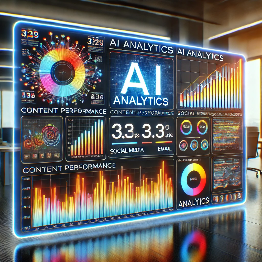 A futuristic digital dashboard displaying AI analytics and content performance metrics for social media and email, with vibrant charts and graphs in a high-tech office setting.