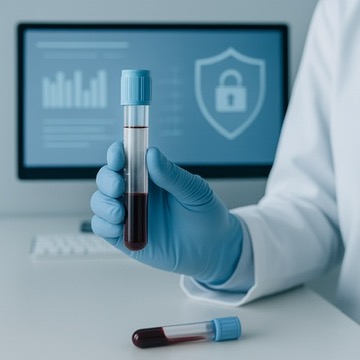 Blood sample vials in gloved hand with privacy icon, representing data protection in health testing. Blood sample vials in gloved hand with privacy icon, representing data protection in health testing.