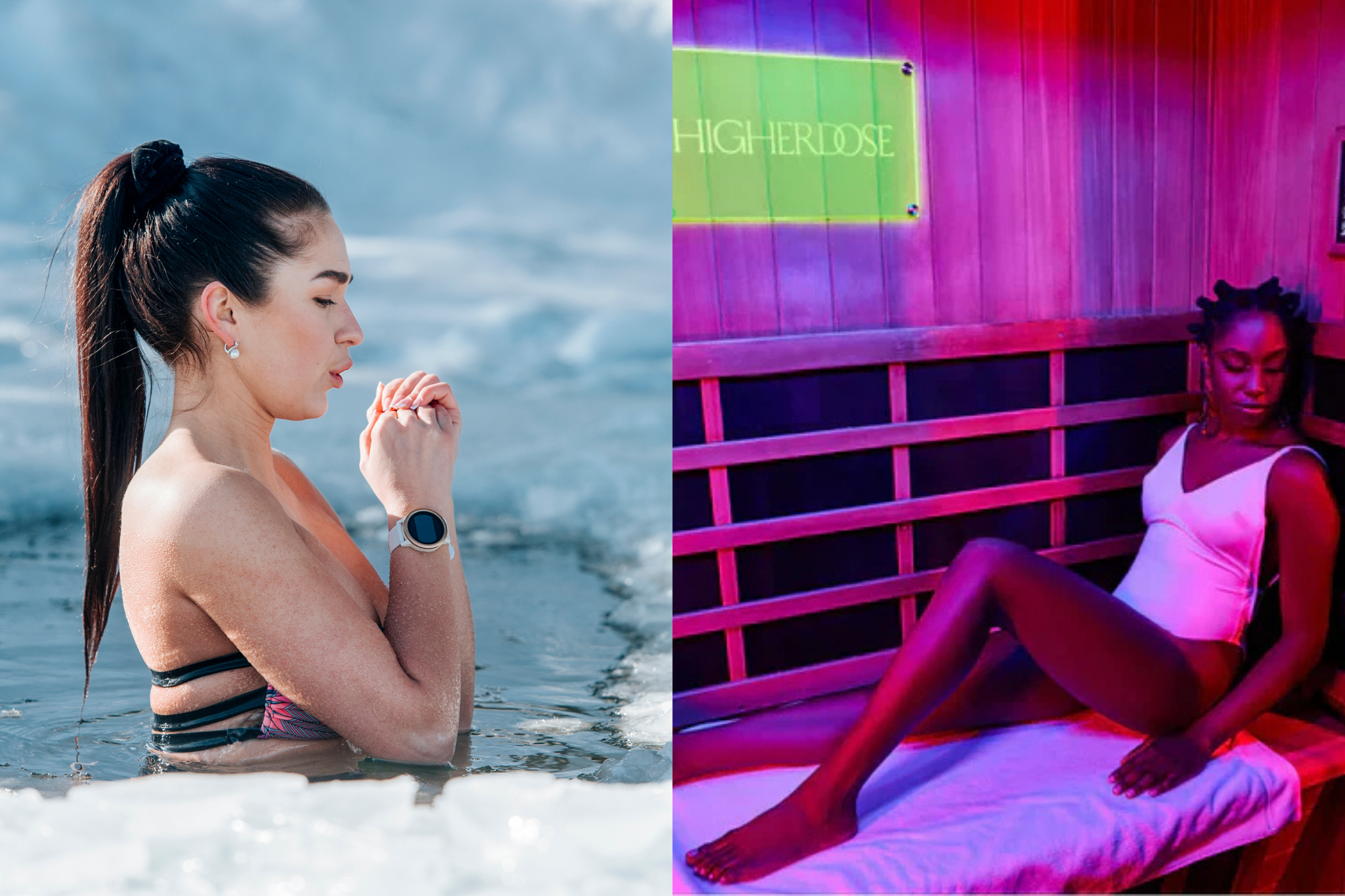 Side-by-side image of a woman practicing cold immersion in an ice bath and another woman relaxing inside a glowing infrared sauna, representing contrast therapy benefits from cold and heat exposure. Side-by-side image of a woman practicing cold immersion in an ice bath and another woman relaxing inside a glowing infrared sauna, representing contrast therapy benefits from cold and heat exposure.