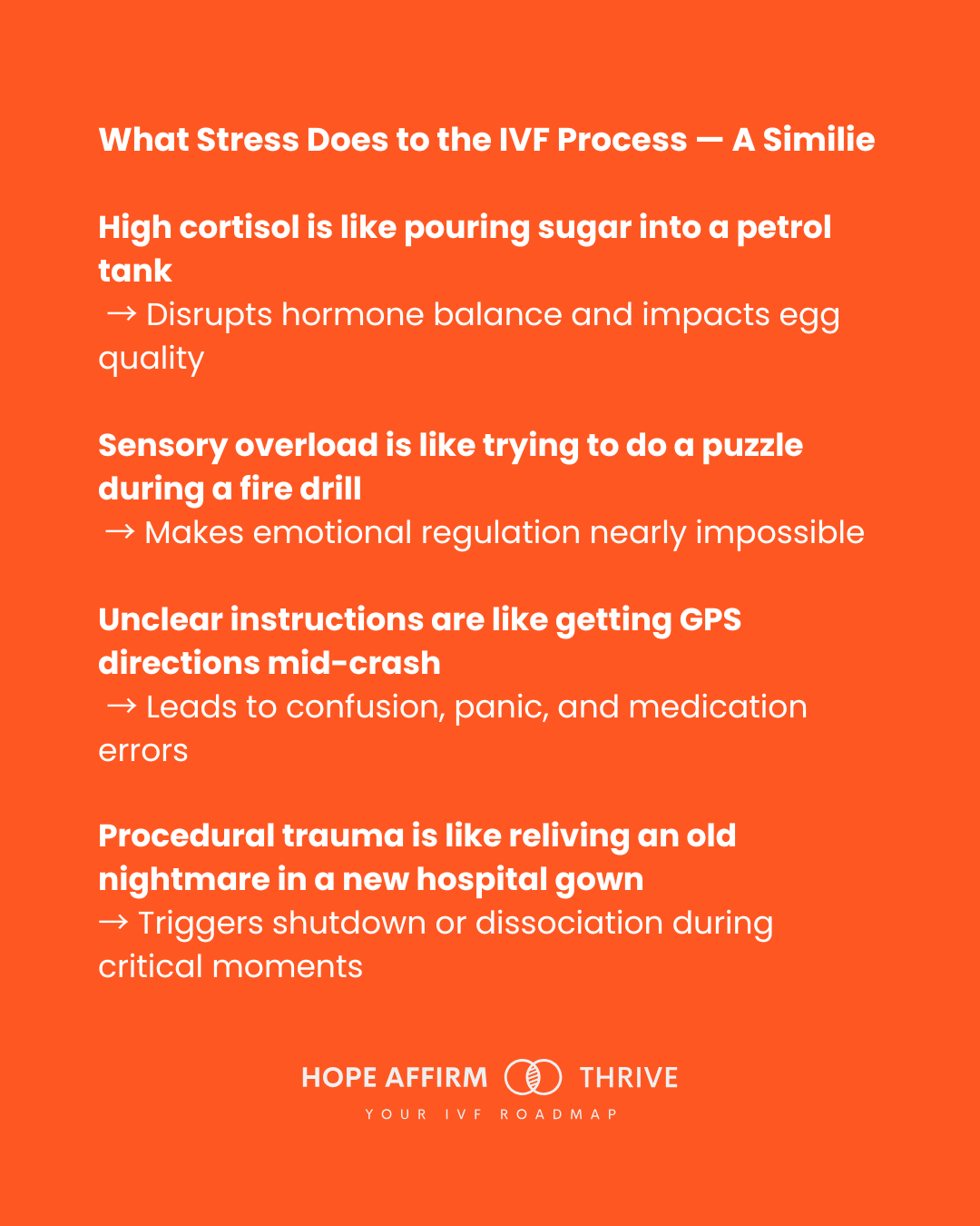 Infographic titled “What Stress Does to the IVF Process — A Simile.” It lists four similes and their corresponding effects: High cortisol is like pouring sugar into a petrol tank → Disrupts hormone balance and impacts egg quality. Sensory overload is like trying to do a puzzle during a fire drill → Makes emotional regulation nearly impossible. Unclear instructions are like getting GPS directions mid-crash → Leads to confusion, panic, and medication errors. Procedural trauma is like reliving an old nightmare in a new hospital gown → Triggers shutdown or dissociation during critical moments. Infographic titled “What Stress Does to the IVF Process — A Simile.” It lists four similes and their corresponding effects: High cortisol is like pouring sugar into a petrol tank → Disrupts hormone balance and impacts egg quality. Sensory overload is like trying to do a puzzle during a fire drill → Makes emotional regulation nearly impossible. Unclear instructions are like getting GPS directions mid-crash → Leads to confusion, panic, and medication errors. Procedural trauma is like reliving an old nightmare in a new hospital gown → Triggers shutdown or dissociation during critical moments.