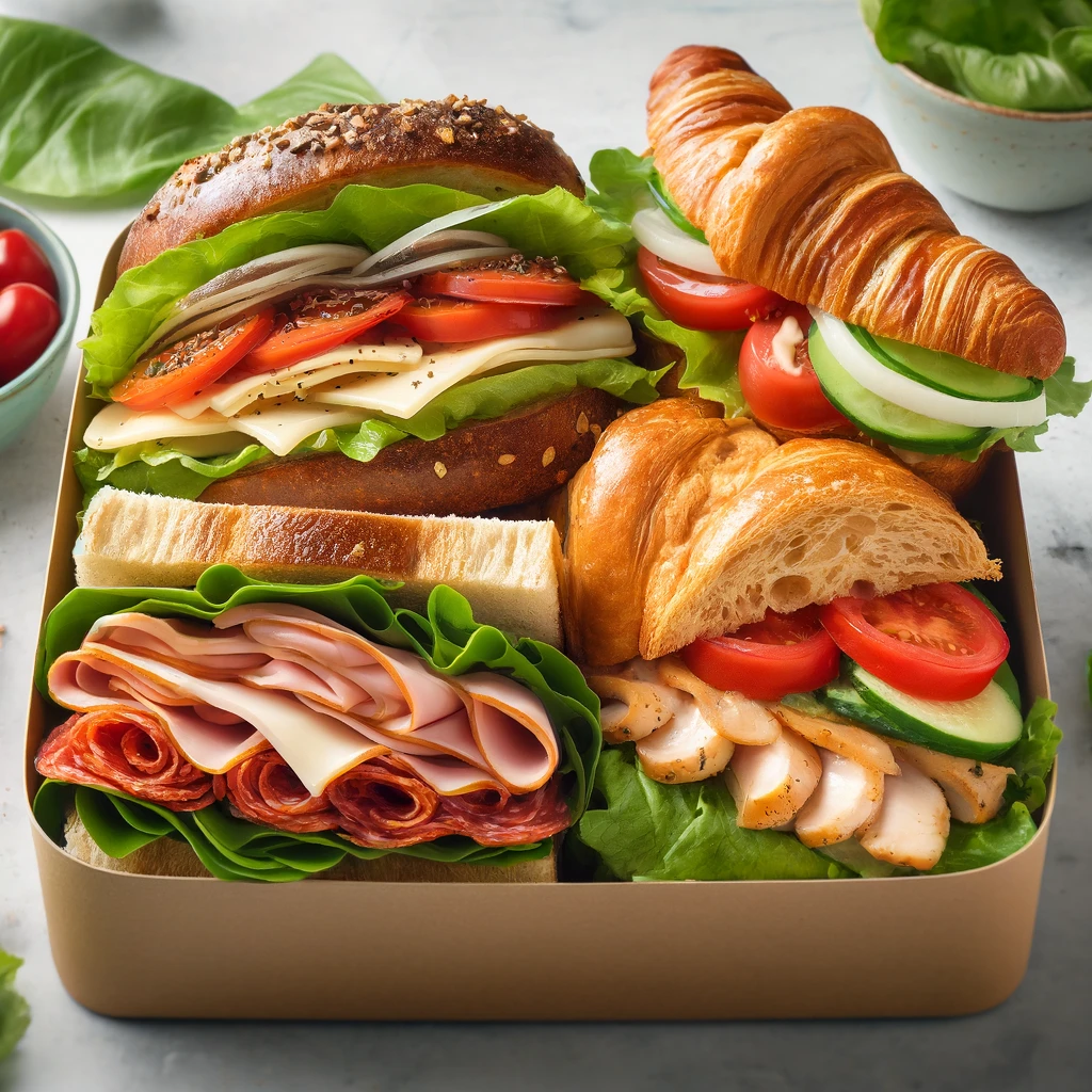 the Little Italy, the Chicken Caesar Croissant, and the BLT, all packed in a stylish, eco-friendly lunchbox with fresh and colorful ingredients displayed prominently. the Little Italy, the Chicken Caesar Croissant, and the BLT, all packed in a stylish, eco-friendly lunchbox with fresh and colorful ingredients displayed prominently.