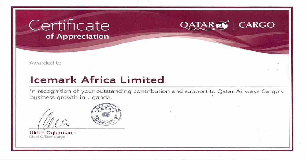 2015 Qatar Airways Cargo Certificate of Appreciation to Icemark Africa Ltd for service in Uganda agricultural airfreight exports